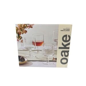 Oake Textured Wine Glasses Set of 4 Clear Hammered Glass 12oz Short Stem NEW
